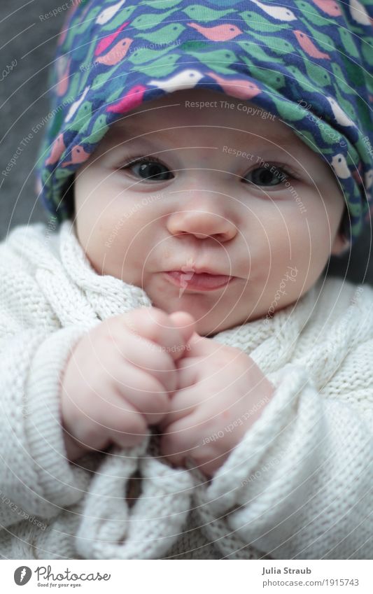 Uiiii Feminine Baby Infancy 1 Human being 0 - 12 months Cardigan Headscarf Lie Looking Cute Blue Green Anticipation Hope Pure Smiling Fist Colour photo