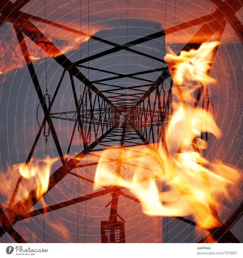 CO2 | The earth is burning Fire Hot Electricity pylon Grating Vanishing point Symmetry Tall Drilling rig Accident at work Explosion Blaze