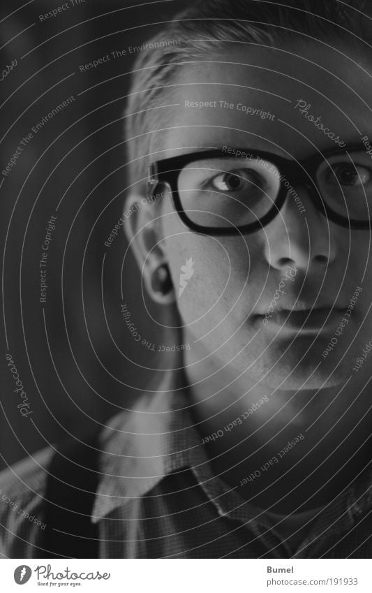 nerd Masculine Head Young man Eyeglasses Face portrait Black & white photo