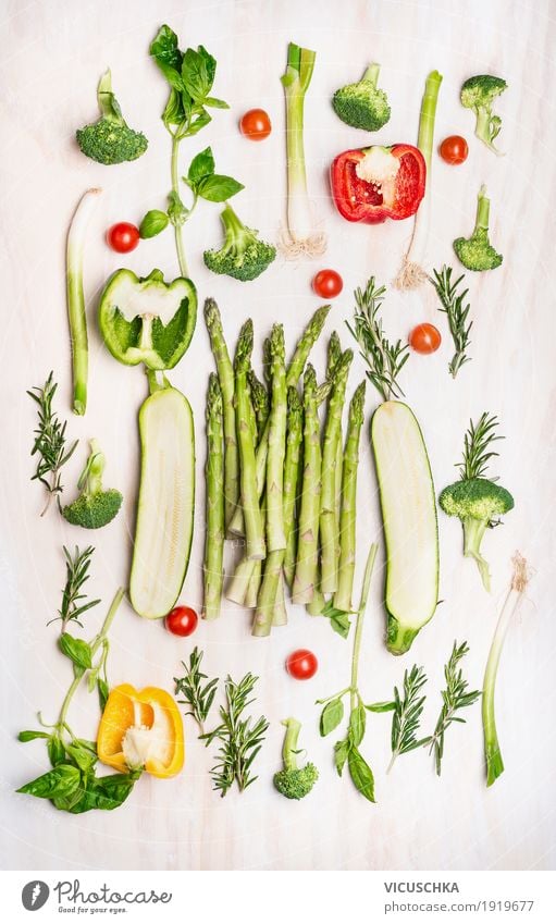 Various green vegetables Food Vegetable Herbs and spices Nutrition Organic produce Vegetarian diet Diet Style Design Healthy Healthy Eating Life Asparagus