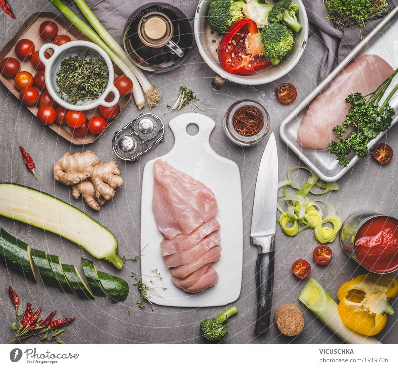 Healthy food with chicken breast and vegetables Food Meat Vegetable Herbs and spices Cooking oil Nutrition Lunch Dinner Buffet Brunch Organic produce Diet