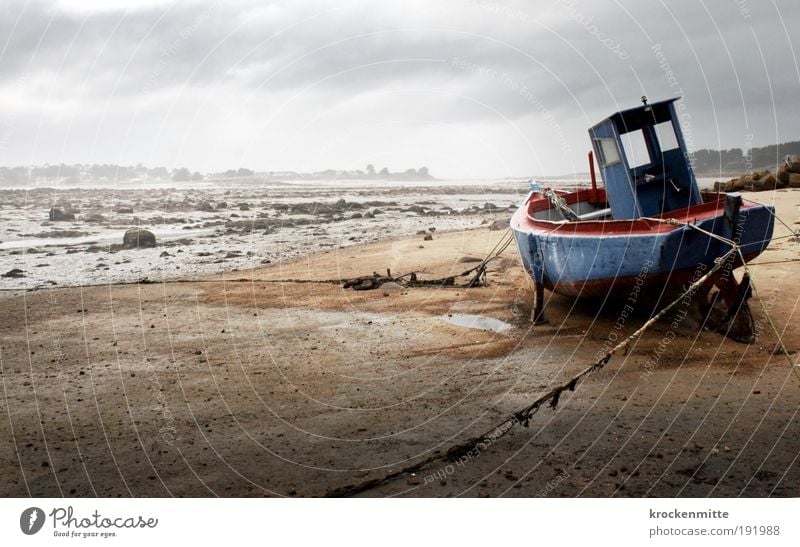 Sitting on dry land II Water Sky Storm clouds Horizon Bad weather Fog Rain Coast Beach Navigation Boating trip Fishing boat Harbour Rope Wait Loneliness