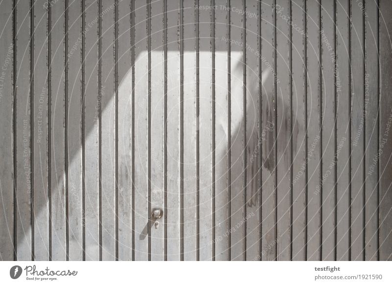 gate Gate Old Gray Silver Garage Dirty Garage door Vertical Line Structures and shapes Sunlight Colour photo Exterior shot Copy Space right Light Shadow