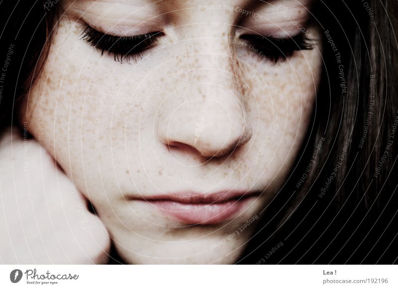 first think, then think Feminine Youth (Young adults) Face 1 Human being Think Looking Dream Calm To enjoy Eyelash Brunette Freckles Meditative Colour photo