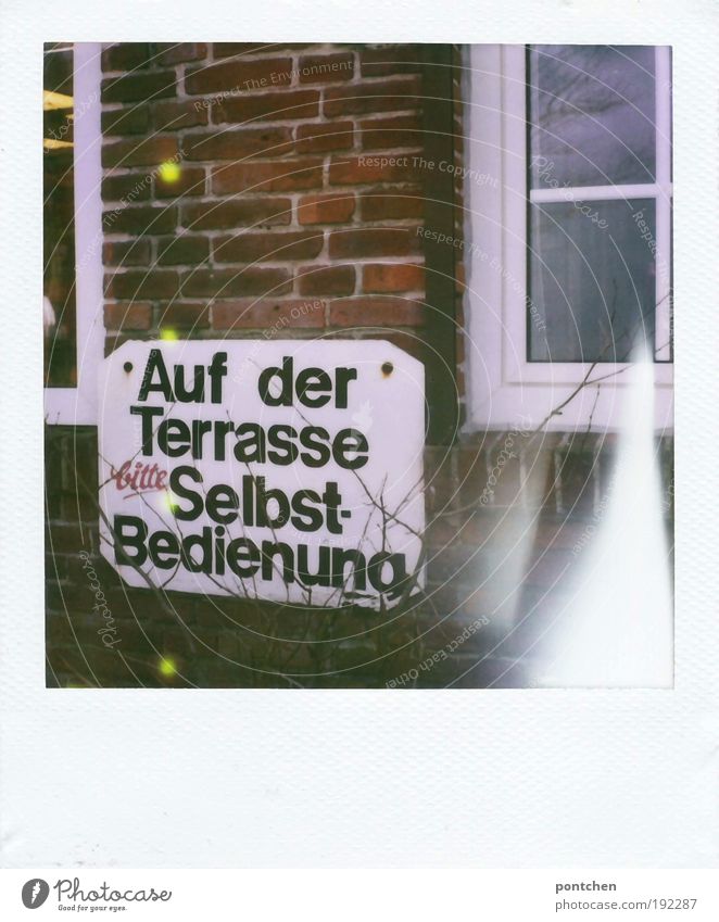 Sign with the inscription "self-service on the terrace" hangs on a brick wall. gastronomy House (Residential Structure) Restaurant Old Esthetic Terrace