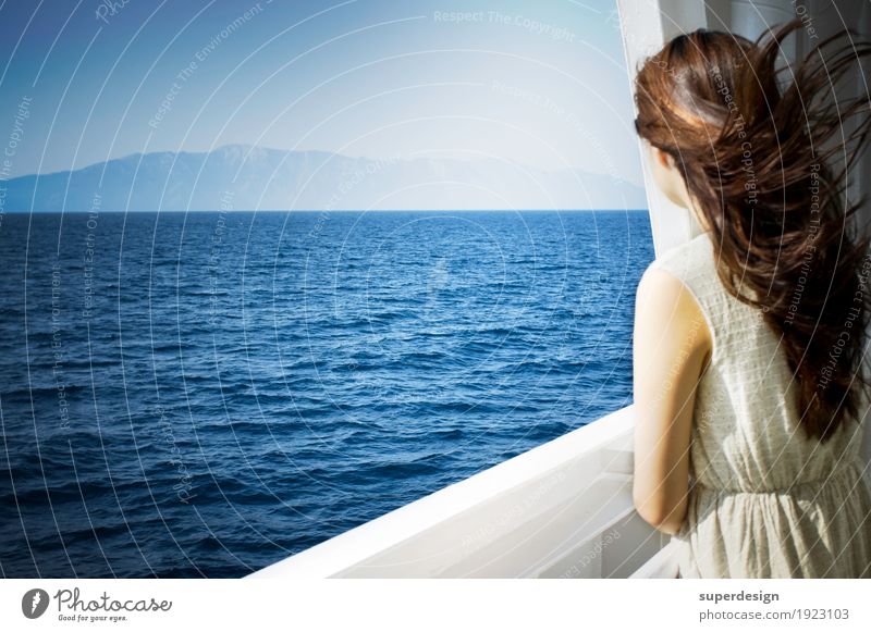 New shores Woman Adults Hair and hairstyles Back Water Summer Beautiful weather Ocean Passenger ship Cruise liner Ferry Think Relaxation Looking Dream Esthetic