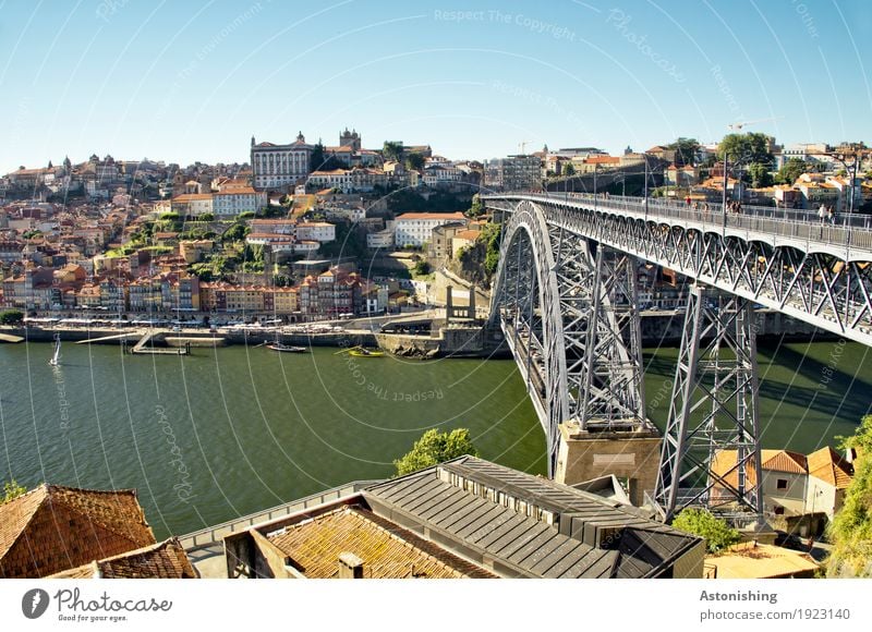 Ponte Luis I Environment Nature Water Sky Horizon Summer Weather Beautiful weather River bank Douro Porto Portugal Town Port City Downtown