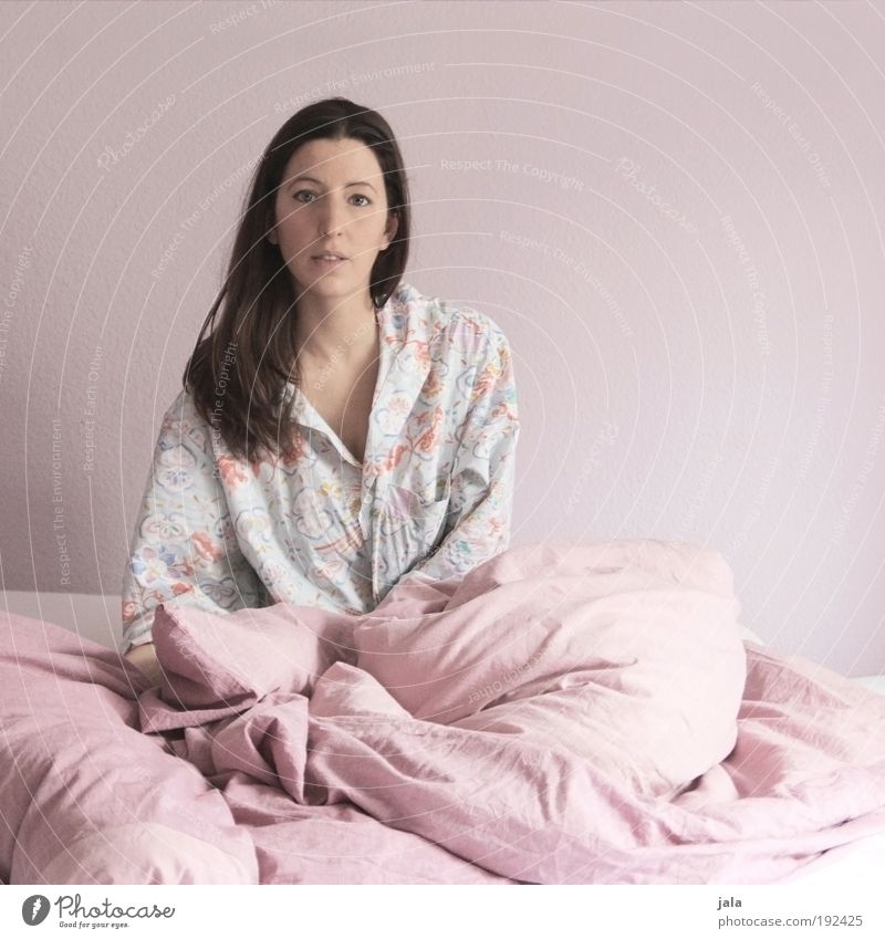 On a Boring Sunday~ Human being Feminine Woman Adults Head Shirt Brunette Long-haired Pink Bed Bedclothes Pastel tone Boredom Fatigue Oversleep Morning Bedroom
