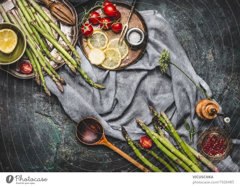 Asparagus with wooden spoon and cooking ingredients Food Vegetable Lettuce Salad Herbs and spices Cooking oil Nutrition Lunch Dinner Organic produce