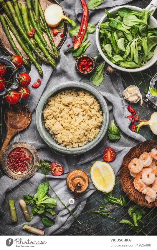 Healthy cooking with asparagus and quinoa seeds Seafood Vegetable Grain Herbs and spices Cooking oil Nutrition Lunch Dinner Buffet Brunch Organic produce