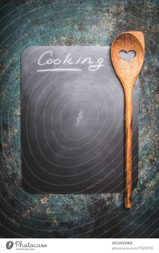 Background with empty table and cooking spoon Nutrition Spoon Style Design Wooden spoon Piece of paper Sign Heart Symbols and metaphors Background picture