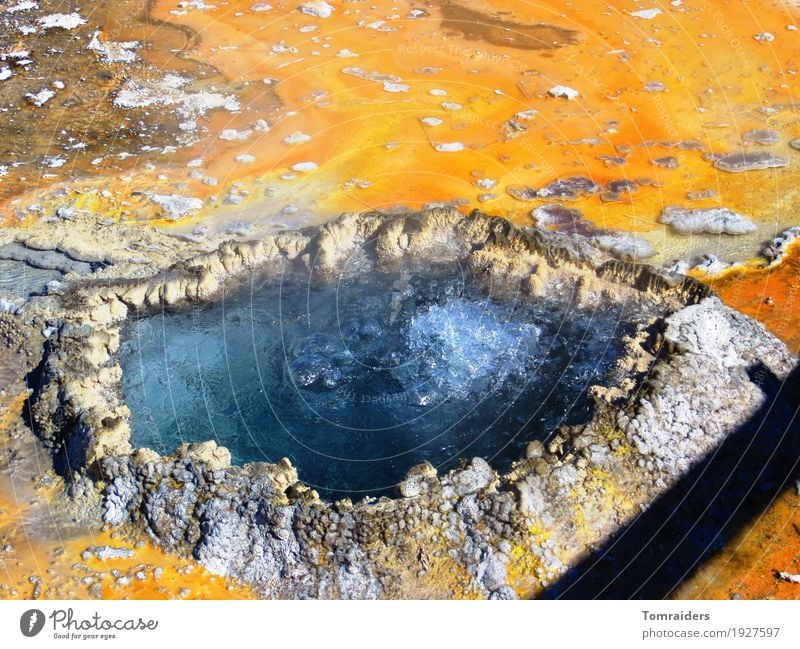 Geyser hot spring Environment Nature Earth Water Beautiful weather Volcano Blue Yellow Gray Orange Warm-heartedness geyser hot jump Warmth Source Bubbling Dye