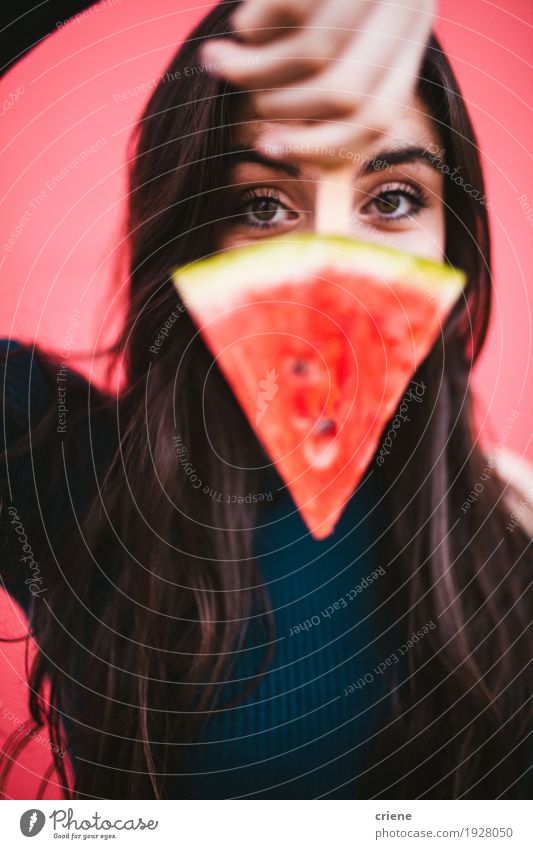 Young female women with slice of watermelon on a popsicle Food Fruit Eating Lifestyle Joy Face Feminine Young woman Youth (Young adults) Woman Adults
