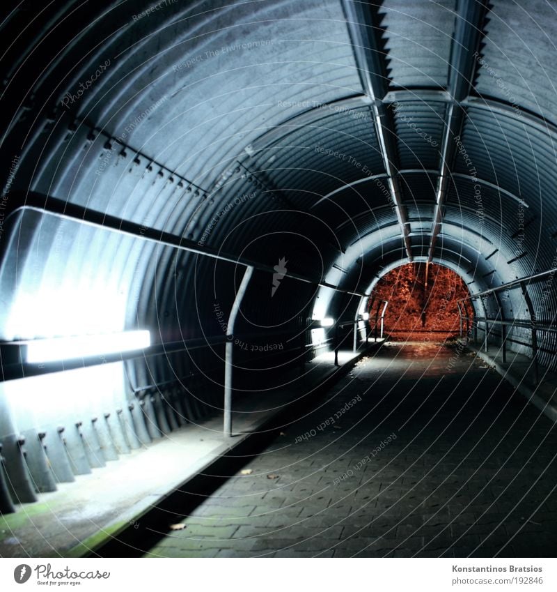 FLUORESCENT~MATERIAL~TUBE Traffic infrastructure Tunnel Illuminate Dark Underpass Cycle path Neon light Handrail Paving stone Corrugated sheet iron