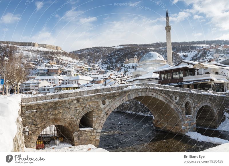 winter cityscape Vacation & Travel Winter Snow Prizren Kosovo Europe Town Downtown House (Residential Structure) Bridge Old Esthetic Tourism Tradition Islam