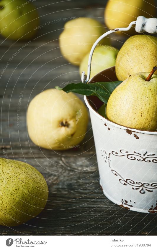 Ripe yellow pears in an iron bucket Food Fruit Nutrition Vegetarian diet Summer Table Nature Autumn Wood Old Fresh Delicious Natural Retro Yellow Gray Green