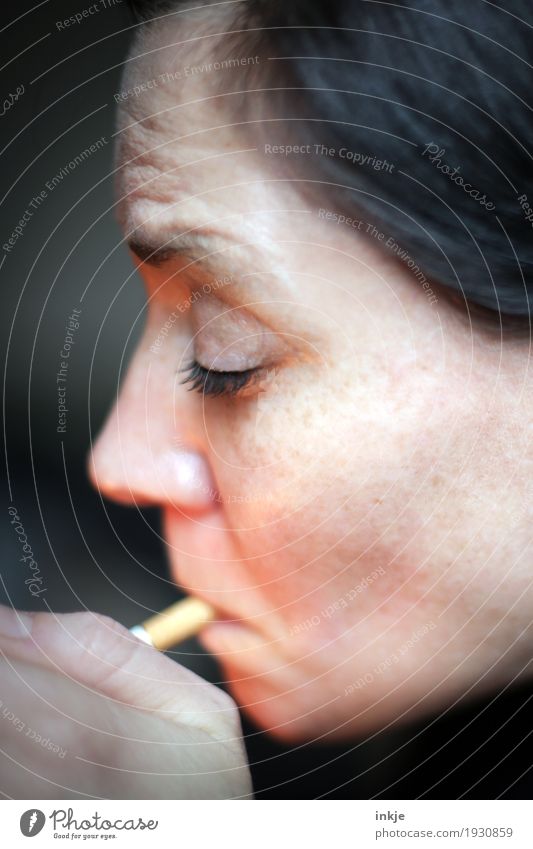 fag Lifestyle Smoking Woman Adults Face 1 Human being 30 - 45 years 45 - 60 years Cigarette Addiction Ignite Lighter Colour photo Interior shot Close-up