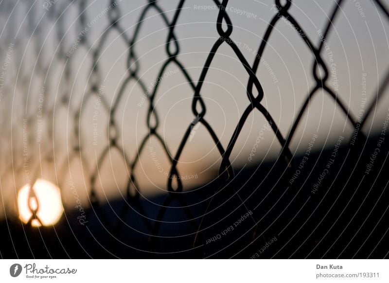 zaungast Sky Sun Sunrise Sunset Sunlight Transience Fence Wire netting fence see through Ball Dusk Evening sun Cloudless sky Cold Soft Focus on In transit