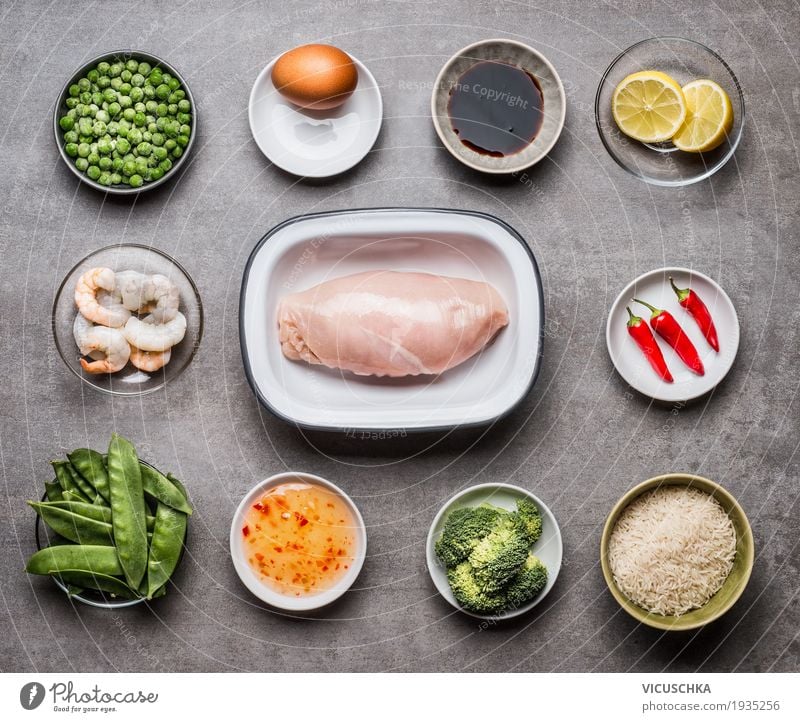 Ingredients for fried rice with chicken Food Meat Seafood Vegetable Herbs and spices Cooking oil Nutrition Lunch Dinner Organic produce Diet Crockery Bowl Style