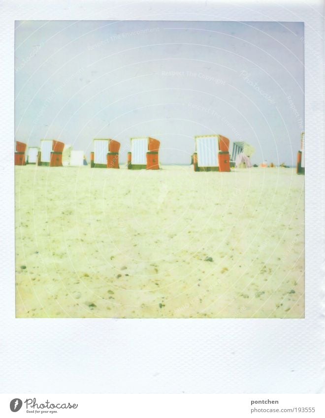 Polaroid shows beach chairs on the beach Vacation & Travel Tourism Trip Summer Summer vacation Sunbathing Beach Ocean Environment Nature Sand Water Sky Warmth