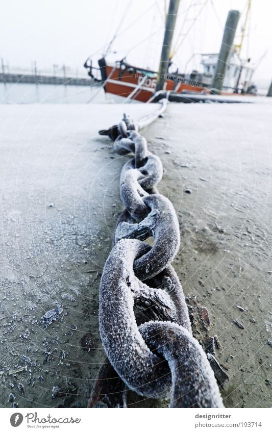 tug of war Fisherman Winter Ice Frost Snow North Sea Ocean Fishing village Navigation Fishing boat Harbour Anchor Steel To hold on Tug-of-war Firm Free Cold