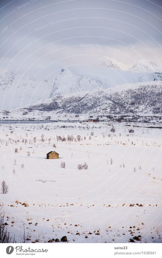 Lonely hut in the snow Environment Nature Landscape Clouds Winter Weather Ice Frost Snow Snowfall Field Mountain Peak Deserted Hut Water Relaxation Infinity