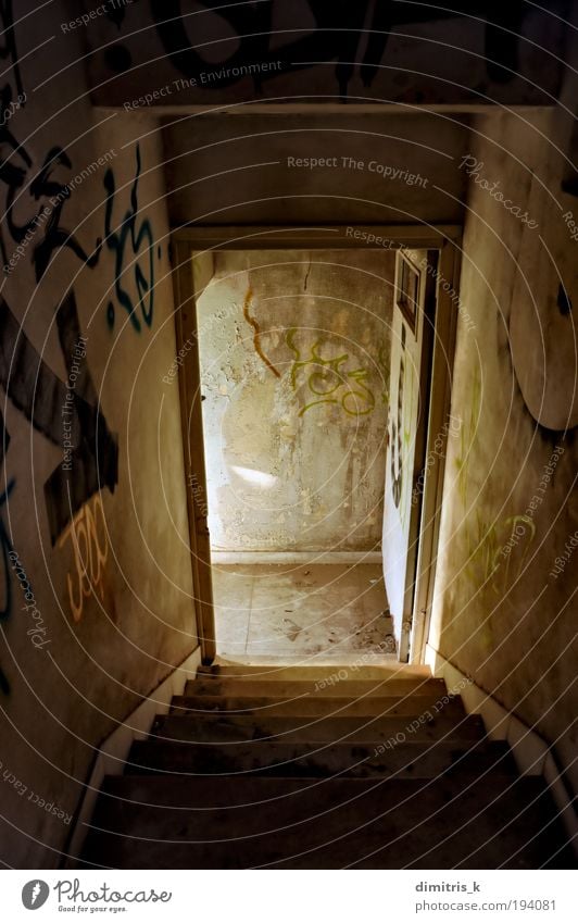 abandoned house staircase Ruin Building Architecture Stairs Door Graffiti Old Dirty Dark Gloomy Loneliness Decadence Decline Descent descending Steps broken