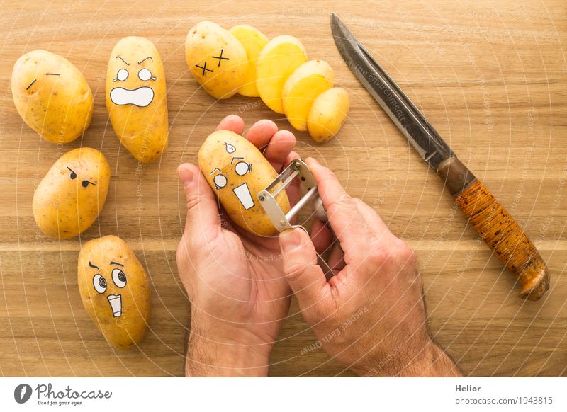 Potatoes in panic fear Vegetable Knives Spar peeler Chopping board Hand Wood Metal Threat Creepy Brown Black White Emotions Fear Horror Fear of death Dangerous