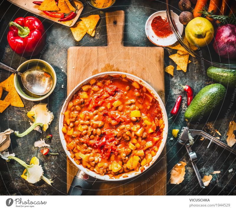 Vegetarian Chili Con Carne Dish in Pan Vegetable Soup Stew Herbs and spices Cooking oil Nutrition Lunch Dinner Organic produce Vegetarian diet Diet Crockery Pot