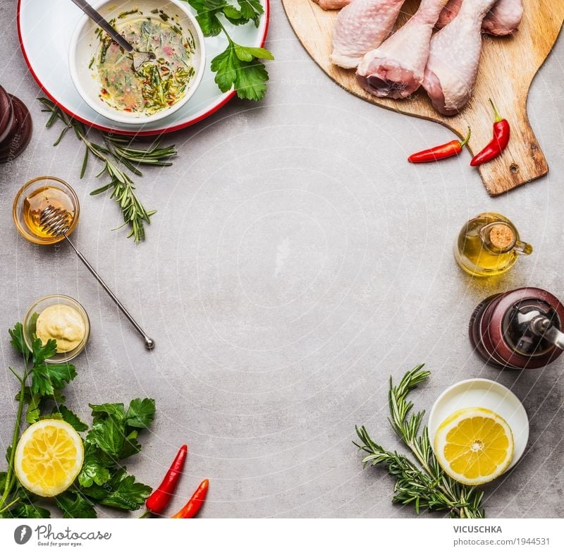 Prepare chicken with marinade Food Meat Herbs and spices Cooking oil Nutrition Lunch Dinner Banquet Organic produce Diet Crockery Style Healthy Eating Life