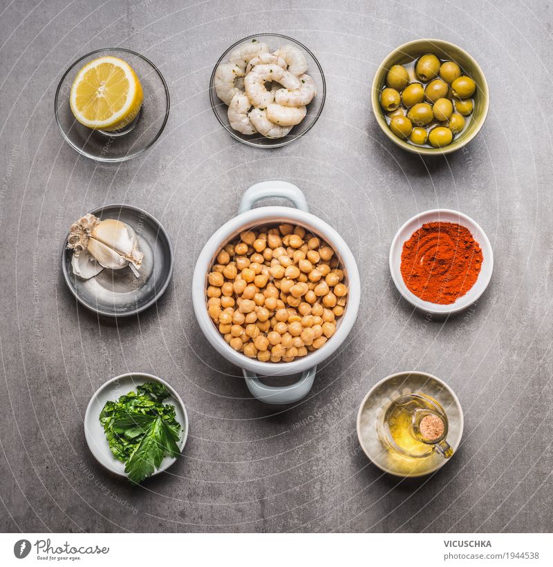 Ingredients for healthy chickpeas salad Food Seafood Vegetable Lettuce Salad Herbs and spices Cooking oil Nutrition Lunch Dinner Organic produce Vegetarian diet