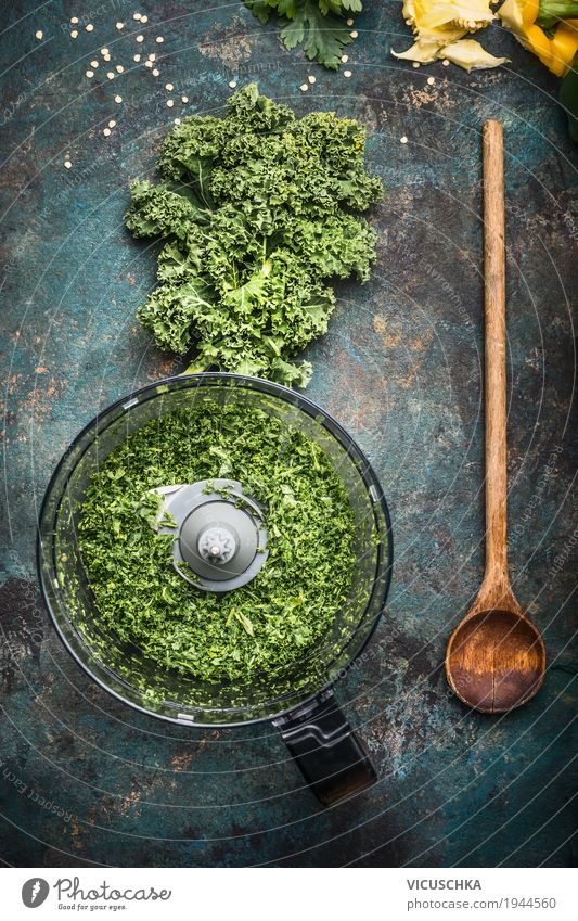 Chopped kale leaves Food Vegetable Nutrition Organic produce Vegetarian diet Diet Crockery Spoon Style Design Healthy Healthy Eating Life Table Kitchen