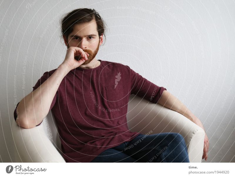 Johannes Armchair Room Masculine Man Adults 1 Human being Shirt Brunette Long-haired Beard Observe Think Looking Study Wait Esthetic Beautiful Self-confident