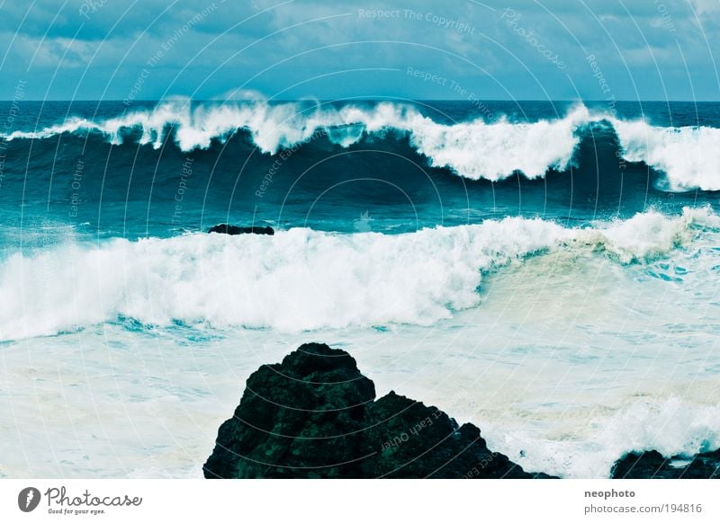 Rock in the surf Nature Elements Earth Water Sky Gale Atlantic Ocean Island Fear Blue Surf Waves Massive Unwavering Strong Safety Colour photo Multicoloured