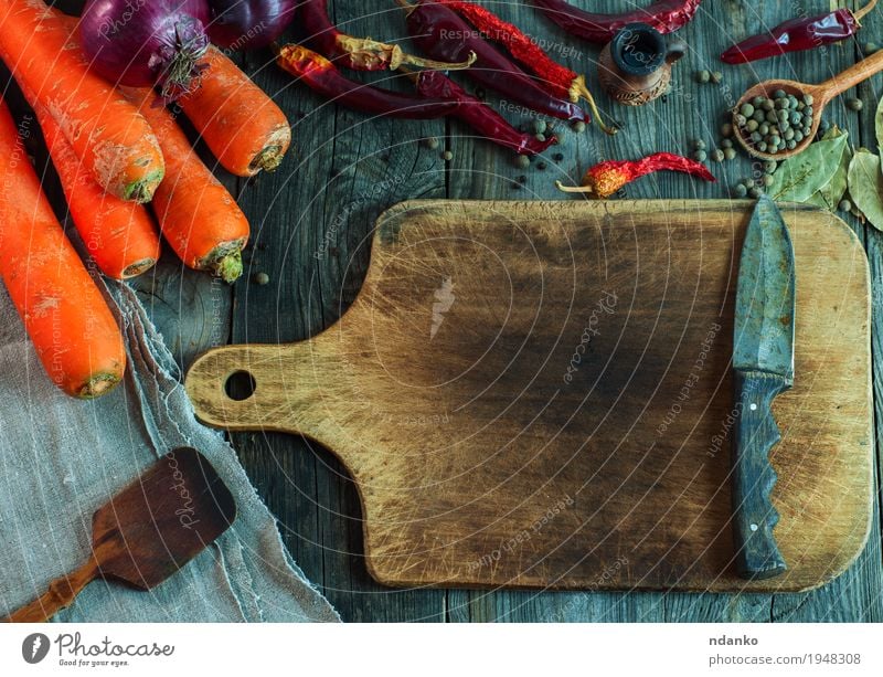 brown cutting board with a knife Food Vegetable Fruit Herbs and spices Eating Organic produce Vegetarian diet Knives Spoon Healthy Eating Table Autumn Wood Diet