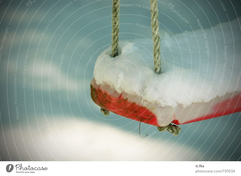 winter break Environment Nature Elements Water Drops of water Winter Climate Snow Garden Park Hang To swing Wait Retro Blue Red White Emotions Calm Swing