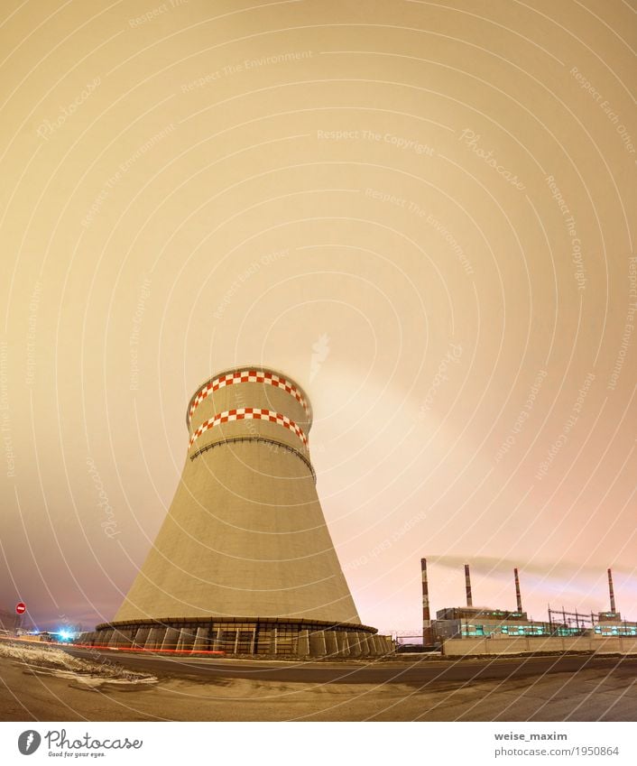 Thermal power plant and cooling tower at night Winter Snow Factory Industry Technology Energy industry Nuclear Power Plant Coal power station Environment