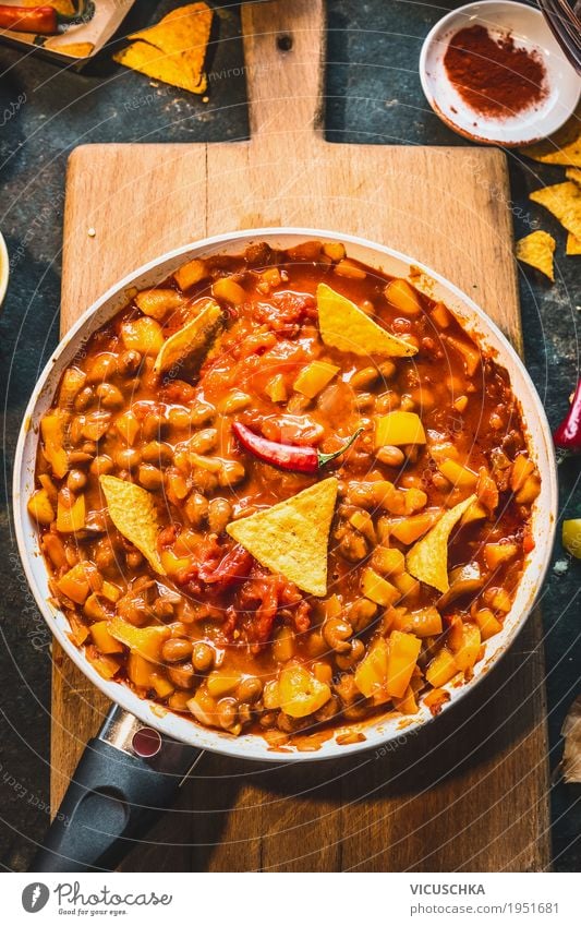 Vegetarian Chili Con Carne in the pan with tortilla chips Food Vegetable Soup Stew Herbs and spices Nutrition Lunch Dinner Organic produce Vegetarian diet Diet