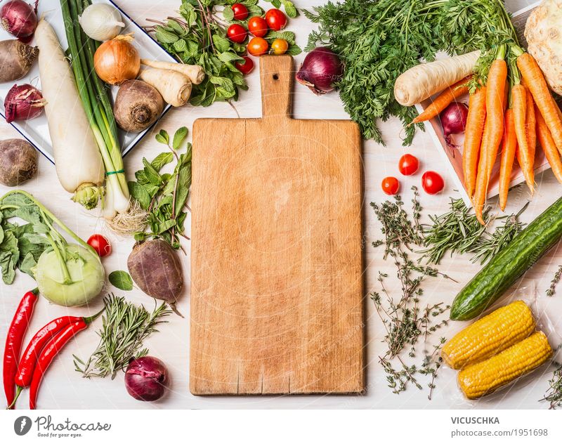 Cutting board and various vegetables for cooking Food Vegetable Lettuce Salad Nutrition Organic produce Vegetarian diet Diet Shopping Style Design Healthy