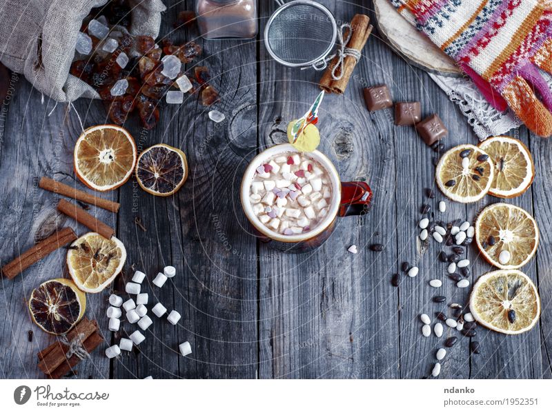 cup of cocoa with marshmallows on the gray wooden surface Beverage Hot drink Hot Chocolate Cup Mug Winter Gloves Sieve Wood Old Delicious Brown Gray sweet Sugar