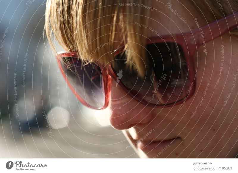 Penneys Feminine Young woman Youth (Young adults) Head Hair and hairstyles 1 Human being Sunglasses Colour photo Close-up Day Portrait photograph Downward