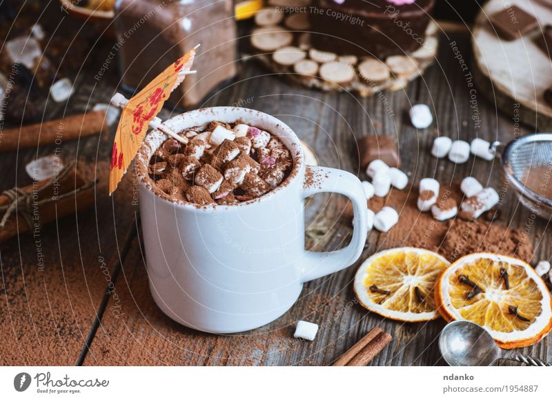 cup of hot chocolate with marshmallows sprinkled Fruit Dessert Breakfast Beverage Hot drink Hot Chocolate Coffee Winter Table Sieve Wood To enjoy Natural Above