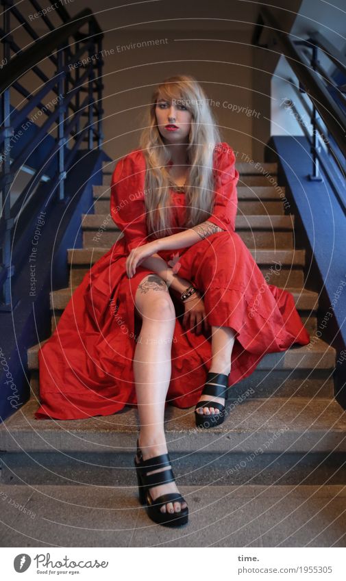 Lilly Feminine Woman Adults 1 Human being Stairs Staircase (Hallway) Dress Jewellery Tattoo Blonde Long-haired Observe Think Looking Sit Wait Beautiful