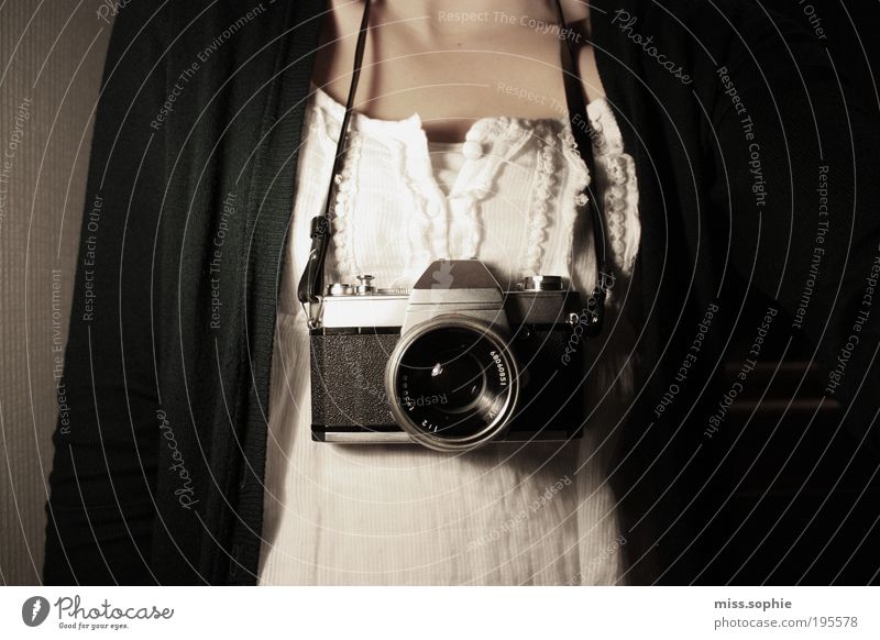 view into the camera Feminine Skin Collector's item Observe Hang Historic Beautiful Black White Camera Necklace put on Photography Cardigan Top Copy Space left