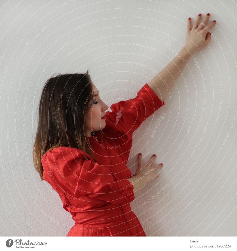 . Room Feminine Woman Adults 1 Human being Wall (barrier) Wall (building) Dress Brunette Long-haired Touch Think Relaxation Smiling Dream Esthetic Red