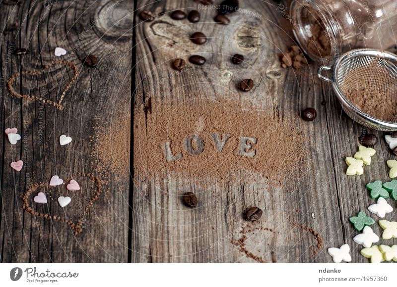 word love written on the gray wooden surface Food Candy Bottle Decoration Table Nature Sieve Wood Heart Old Love Natural Above Brown Emotions Colour sweet