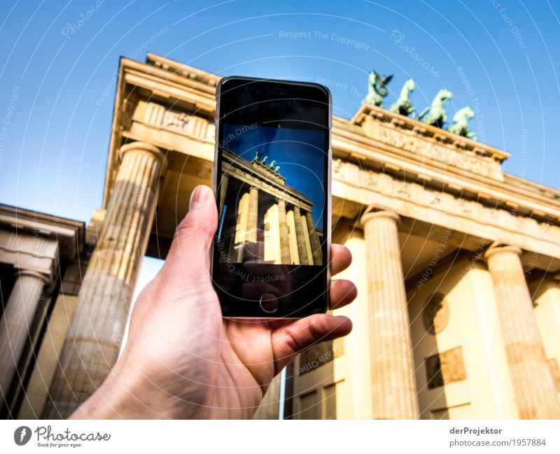 Sights of Berlin by mobile phone: Brandenburg Gate III Worm's-eye view Bird's-eye view Deep depth of field Sunbeam Reflection Contrast Shadow Light Day