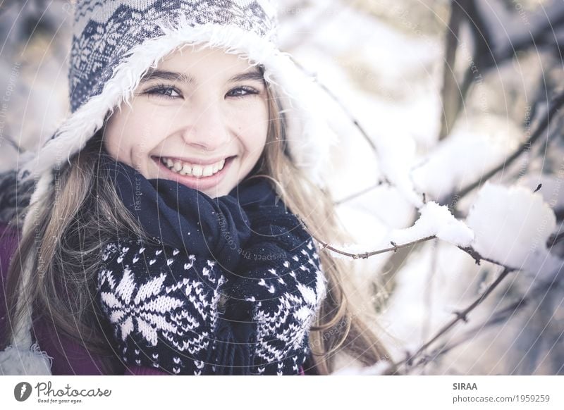 winter wonderland Human being Feminine Child Girl Infancy Youth (Young adults) Face 1 8 - 13 years Nature Winter Weather Ice Frost Snow Snowfall Tree Forest