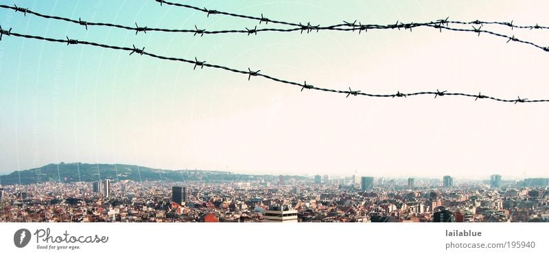 view with restrictions Vacation & Travel Far-off places Freedom Cloudless sky Summer Beautiful weather Hill Barcelona Skyline Barbed wire Barbed wire fence