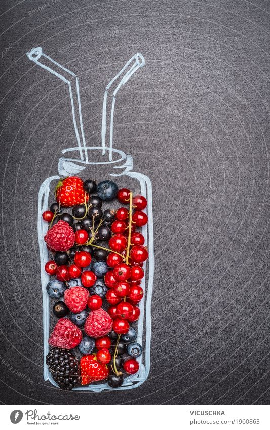 Painted bottle with fresh different berries for Smoothie Food Fruit Nutrition Organic produce Vegetarian diet Diet Beverage Cold drink Juice Bottle Style Design